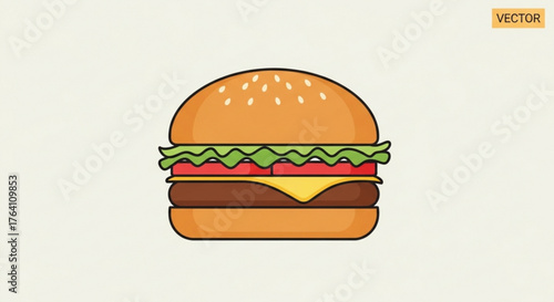 Cartoon burger, featuring a delicious patty, cheese, lettuce, tomato, and bun with sesame seeds