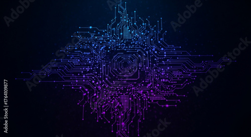 Abstract technology background with circuit board pattern in blue and purple, representing futuristic technology and hightech innovation