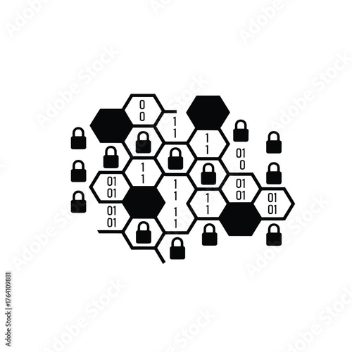 Abstract hexagonal network with locks and numbers