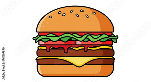 Cartoon burger, featuring a double patty, cheese, lettuce, tomato, and bun with sesame seeds