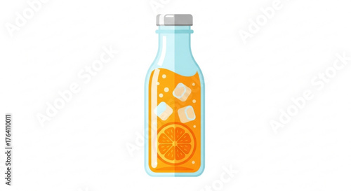 Illustration of an orange juice bottle with ice cubes and a slice of orange, isolated on a, perfect for a refreshing drink concept