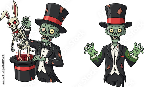 Zombie magician performing dark magic trick with skeleton rabbit, horror undead illusionist illustration, spooky Halloween fantasy artwork, creepy undead magician design