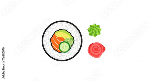 Delicious sushi roll with salmon, avocado, and cucumber, served with wasabi and ginger japanese cuisine concept
