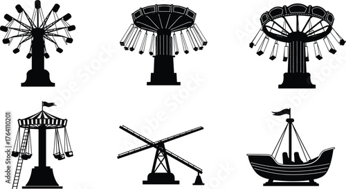 Amusement park swing rides, carnival attraction silhouettes, funfair thrill rides vector illustration, entertainment theme park design, adventure festival background art