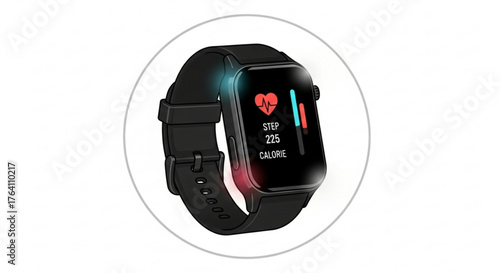 A black smartwatch with a heart rate monitor on the screen, displaying steps and calories burned during a workout