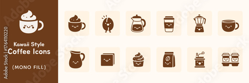 Kawaii Style Coffee Icons Mono Fill Set