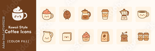Kawaii Style Coffee Icons Collection with Color Fill