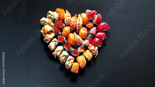 A delightful flat lay of sushi pieces arranged in the shape of a heart on a dark background. The colorful sashimi and maki rolls create a beautiful love symbol, perfect for a valentine's day feast.