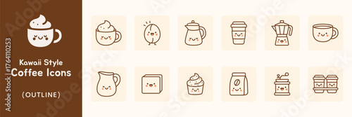 Kawaii Style Outline Coffee Icons Collection