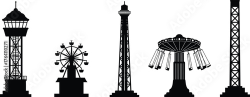 Amusement park tower and swing ride silhouettes, ferris wheel vector illustration, fairground attraction collection, black carnival ride graphic design