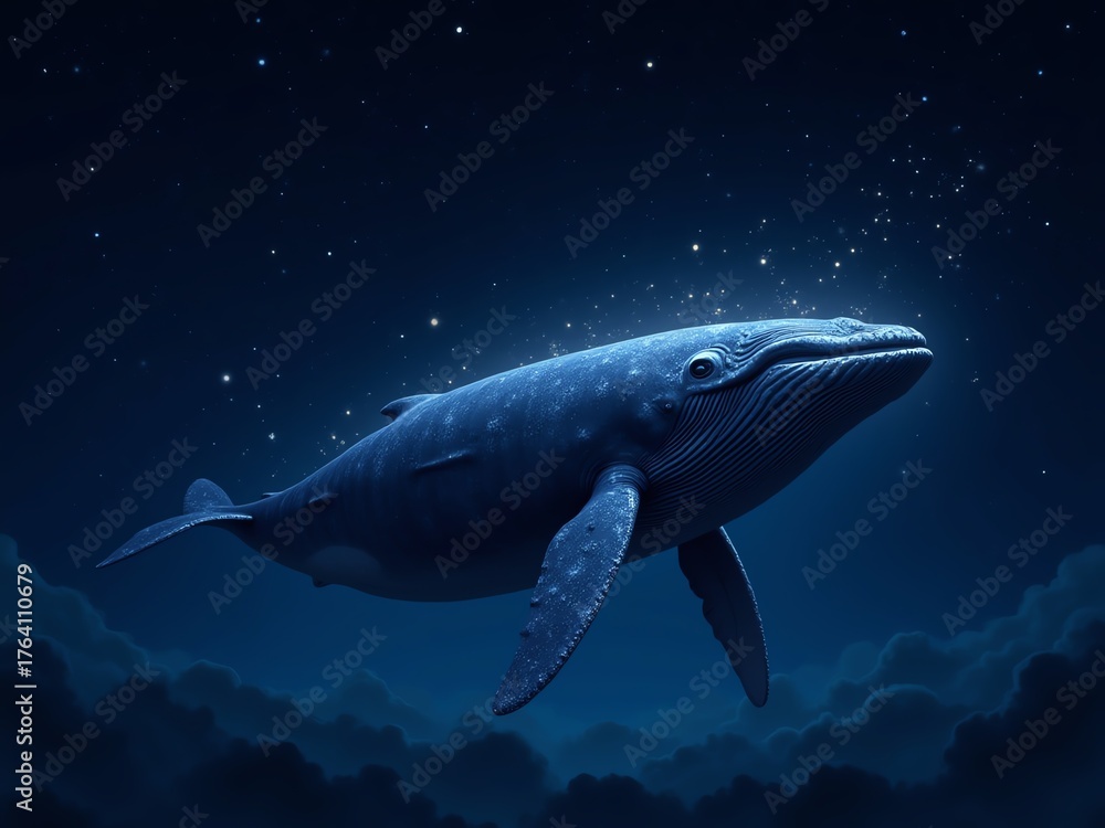 Fototapeta premium Whale swimming in starry deep blue ocean.