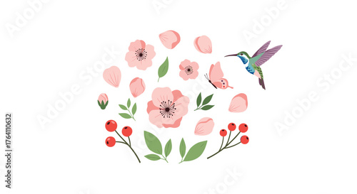 Watercolor floral arrangement with hummingbird and butterfly.