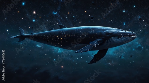 Whale swimming through starry night sky, celestial ocean, fantasy, dreamlike.