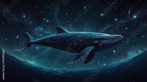 Whale swimming in starry ocean nebula, cosmic sea creature, fantasy art, deep blue, ethereal glow, celestial wildlife, dreamlike.