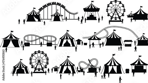 Carnival amusement park scene, Ferris wheel roller coaster circus tents silhouette, fun fair entertainment background, black vector illustration with people