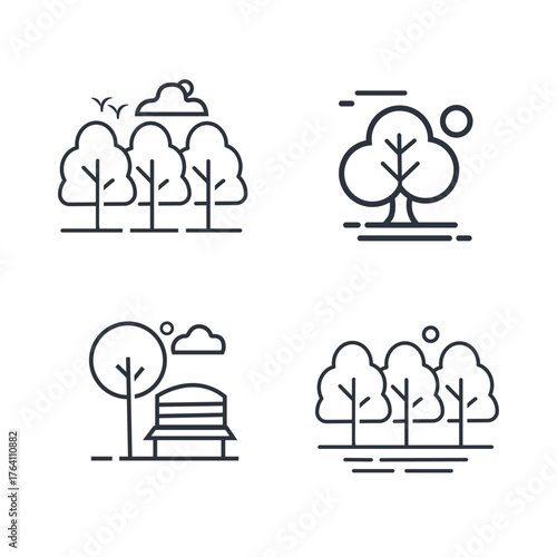   landscape outline icon. linear style sign for mobile concept and web design. Trees clouds and flying birds in the sky simple line vector icon. Symbol, logo illustration
