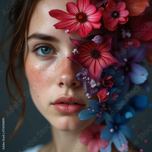 Young woman with vibrant flowers blossoming around her face, artistic portrait, natural beauty, gentle expression.