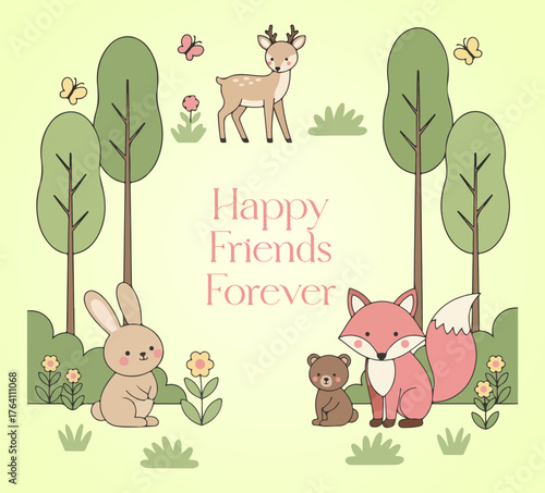 happy friends forever cute forest animals illustration