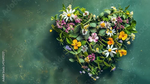 Top view flat lay of a heart-shaped display made of diverse green plants and flowers, accented by a light green background. Perfect for conceptual video designs and text placement.
