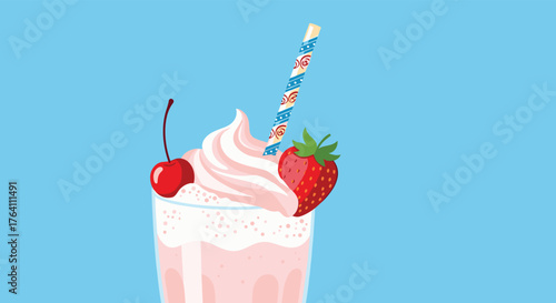 Delicious strawberry milkshake with whipped cream and cherry.