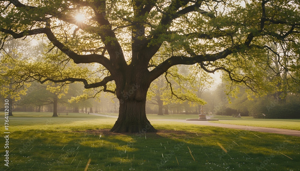 Naklejka premium Large oak tree standing in morning sunlight over a meadow