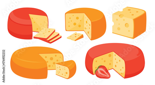 Various cheese types in different shapes and sizes.