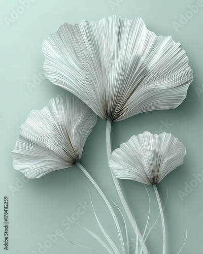 Wallpaper Mural Three Silver Floral Leaves On Light Teal Background Torontodigital.ca