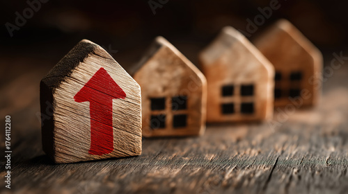 Growth symbolized by red upward arrow on wooden house blocks with rustic wooden backdrop
