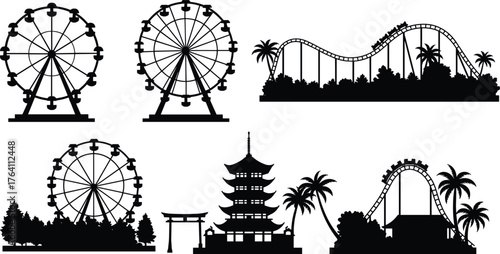 Ferris wheel and roller coaster silhouette illustration, amusement park vector art, tropical palm trees, Asian pagoda temple, black landscape design