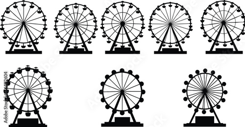 Ferris wheel silhouette collection, amusement park design, carnival ride vector illustration, fairground attraction concept, black graphic icons, entertainment festival decoration