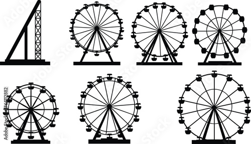 Ferris wheel silhouette collection, amusement park ride design, carnival attraction vector, fairground entertainment illustration, observation wheel concept, funfair tourism graphic
