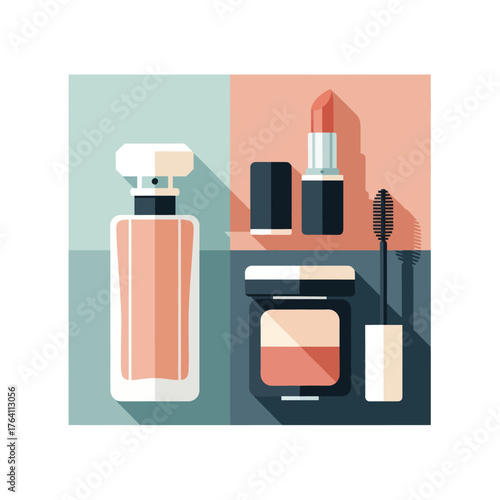 A flat design illustration of essential cosmetic products.