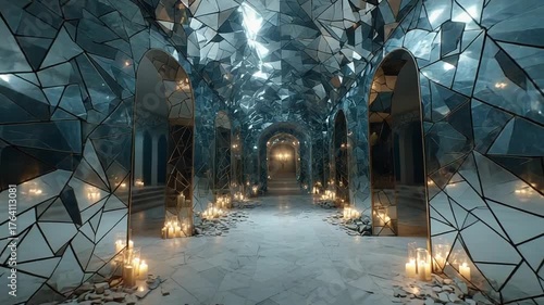 Reflective hallway with candles in a mystical space