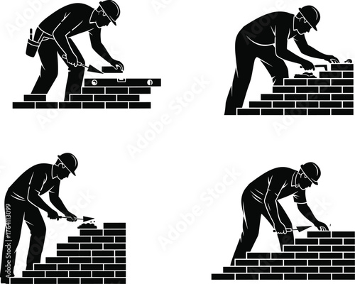 Bricklaying worker silhouettes set, construction labor masonry process, trowel mortar spirit level, house building repair vector illustration design artwork