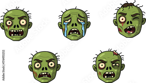 Cartoon zombie faces set, funny undead expressions, spooky Halloween character emotions, horror parody illustration with crying, shocked, dazed monsters