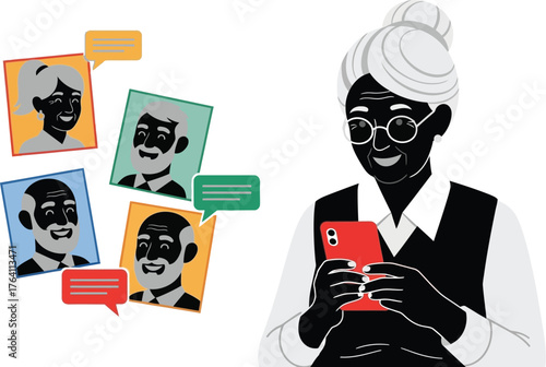 Senior woman using smartphone for video call with family members