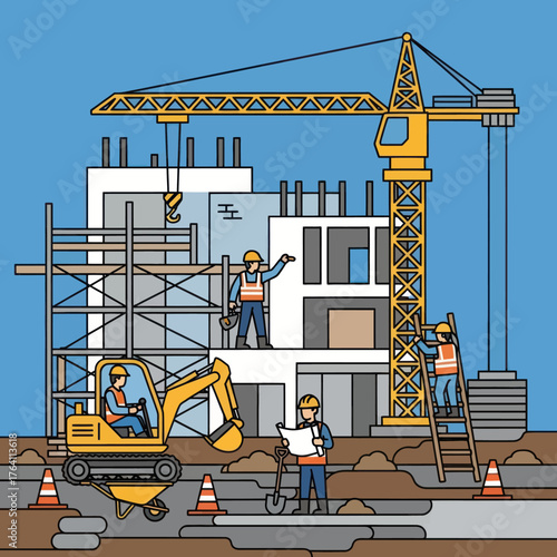 Construction Site with Workers Crane and Excavator.