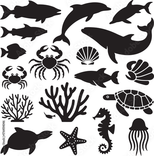 Marine Life Silhouette Vector Icons Bundle