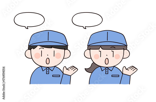 案内する作業服の男女2人