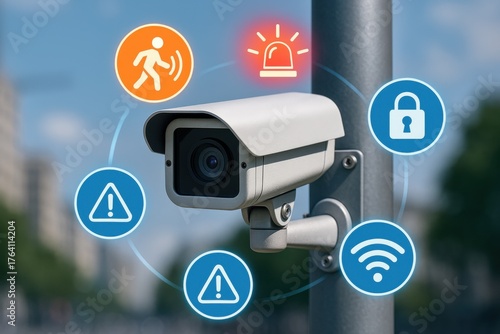 Security camera with alert icons and notifications for protection in urban environment and surveillance system
