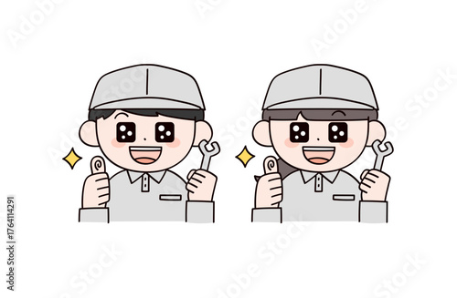 褒める作業服の男女2人