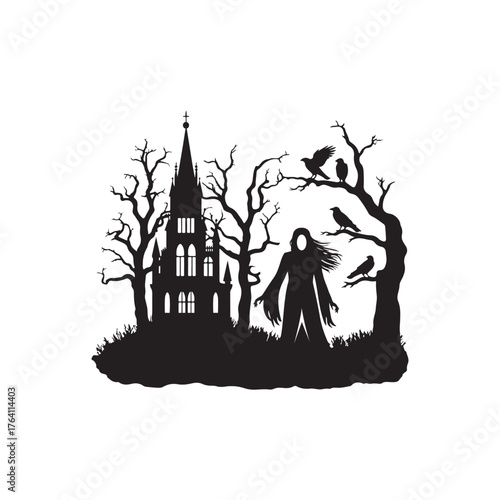 Black Color Ravenna Halloween Silhouette Vector Illustration, Solid White Background..