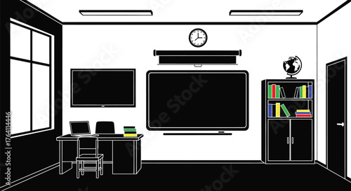Classroom illustration with blackboard desk and bookshelf vector art