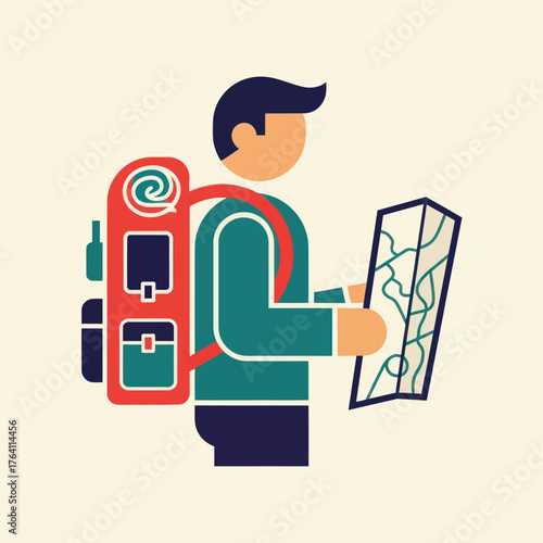 Flat design icon of a tourist with a backpack and map.
