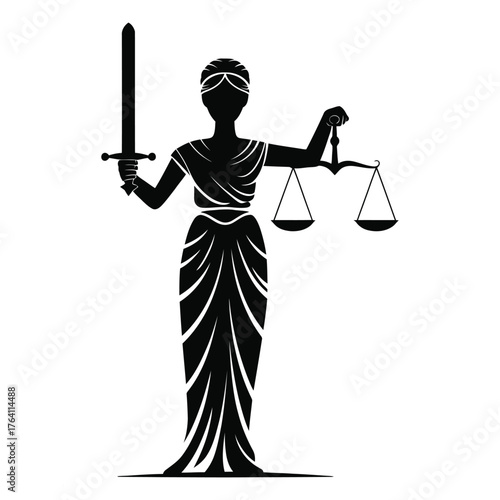 Black silhouette of lady justice holding sword and scales of justice on white background