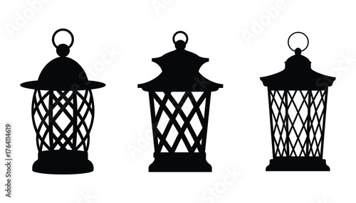 Three ornate silhouette lanterns with decorative patterned cages on a white background