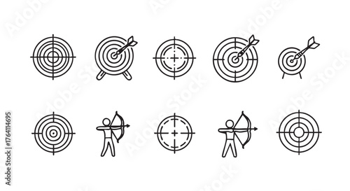 Archery targets and archer aiming to hit the bullseye icon set