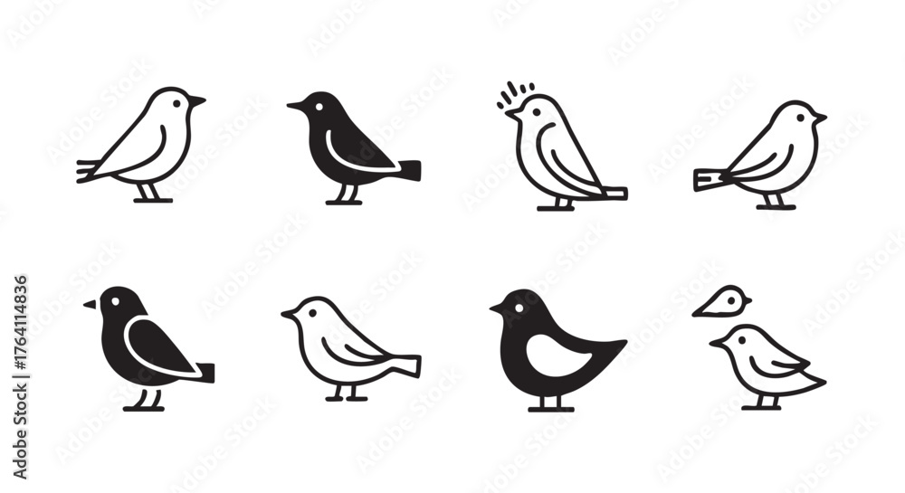 Obraz premium Birds in black and white simple graphic design elements on white