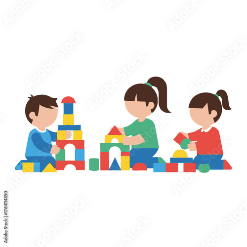 Three young children, two girls and one boy, happily playing with colorful building blocks on the floor, constructing various structures.