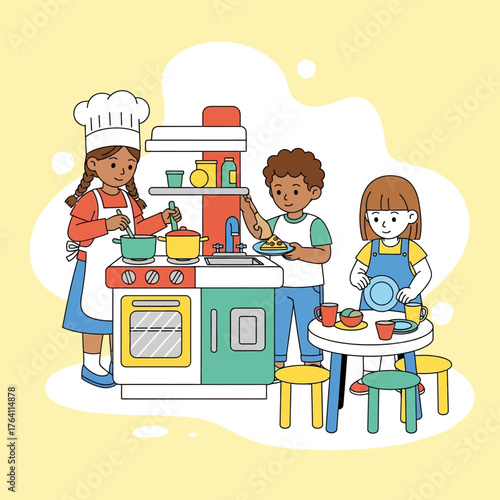 Children playing with a toy kitchen, cooking and setting the table.